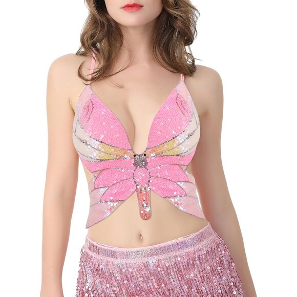 Women's Butterfly Sequin Crop Top Sleeveless V Neck Bandage Party Outfits - Picture 2 of 7